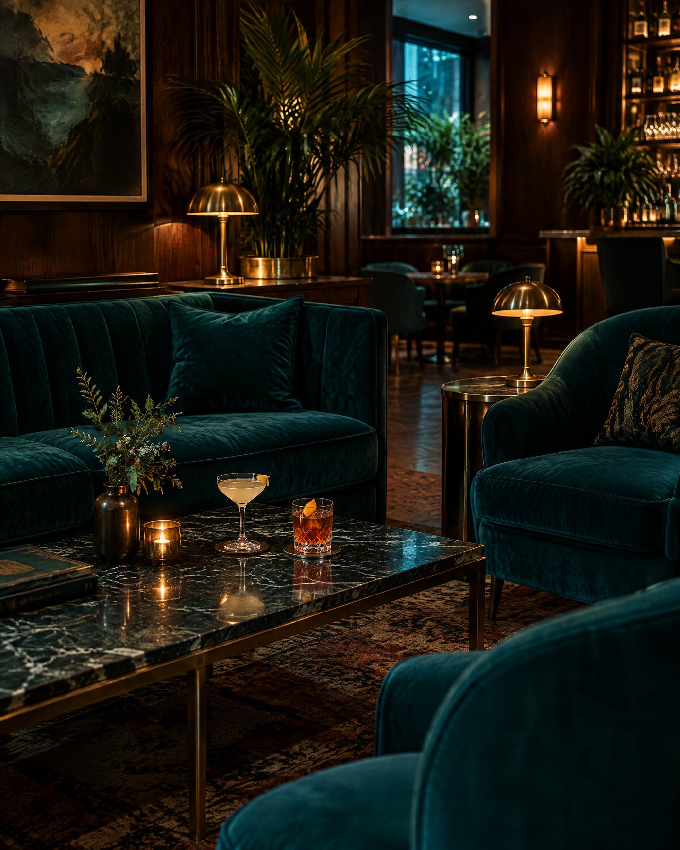 La sala di Ora Blu con divani in velluto